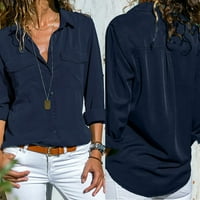 Тениски на Labakihah за жени жени ежедневни солидни дълги ръкав запушване на якички бутон от предни риза върхове ВМС