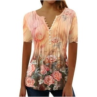 Дамски летни плисирани флорални ризи Небрежни къси ръкави Henley v Button Neck Down Tunic Blouse върхове свободни годни удобни