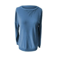 Женските ризи на Hanzidakd падат и зимен дълъг ръкав кръгло деколте полиестер плюс размери солидни ризи сини xl