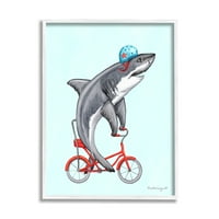 Ступел индустрии голяма бяла акула на червен велосипед синя каска графично изкуство бяла рамка изкуство печат стена изкуство,