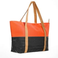 Жените Цвят блок Двойна дръжки с цип Топ случайни Голяма пазарска чанта оранжев