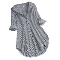 Forestyashe Women Chic Stripe дълъг ръкав спускане на яка бутон за разхлабени горни ризи блуза тениски