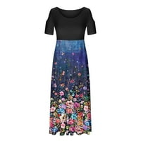 Летни рокли за жени модни ежедневни кръгли деколте с късо ръкав флорални рокли A-Line със средна дължина рокли с лилави 2xl