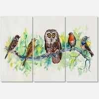 Птици Приятели С Бухал На Клон Живопис Платно Изкуство Печат