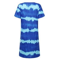 Рокли за жени женска смяна с къс ръкав райета с v-образно смяна на разхлабени рокли със средна дължина сини 3xl