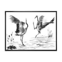 Монохромен Два Емайлирани Японски Кранове Птици В Рамка Живопис Платно Изкуство Печат