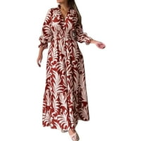 Lroplie Женски ежедневни рокли v Врат с дълъг ръкав отпечатана талия пуловер Бохо дълга рокля за жени червено м
