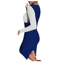 Женска модна тънка V-образно деколте Colorblock хип пола темперамент рокля син m