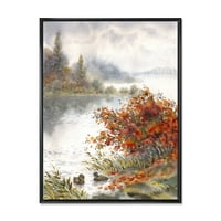 Дизайнарт 'Изглед Към Езерото През Есента Оцветен' Традиционна Рамка Платно Стена Арт Принт