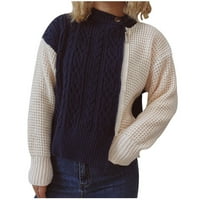 Намален дамски пуловер кръгло деколте пуловер пуловер цветен блок от свободното време средна дължина върхове с дълъг ръкав блуза