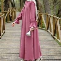 Женски рокли женският твърд цвят тромпет ръкав джоб с дълъг ръкав кръгла шия разхлабени молитвени дрехи за жени червен xl