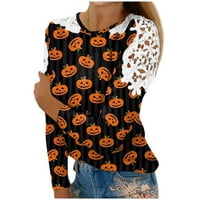 Strungten Women's Fashion Halloween Printing and Splicing Lace Duclow Out Round Neck Long Loweve Thrist Top Dressy Blouses за