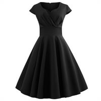 Ханас облича женската модна ежедневна V-образно деколте с късо ръкав твърд цвят на коляното рокля черно xxl
