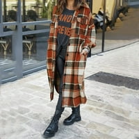 Шиусина зимни палта Forwomen Women Fashion Outwear Plaid Print с дълъг ръкав ревера дълго яке тренч палто оранжево