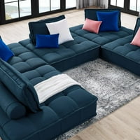 Модулен дълбок туфиран секционен диван комплект, лазурен тъмно синьо, плат, модерна съвременна френска страна, хотел за хотел