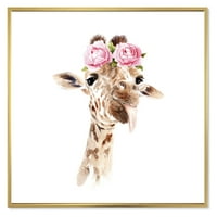 Дизайнарт 'портрет на жираф с розови цветя' Ферма рамка платно стена арт принт