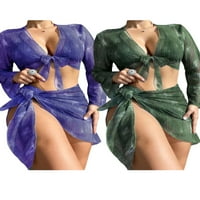 Женски летни бикини комплекти върхове за изрязване на дълги ръкави + сутиен с висящ ший + ниска талия на талията + вратовръзка пола