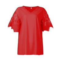 Блузи за свободното време с къси ръкави твърди върхове v-образно деколте за жени червени m