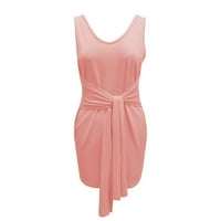 Женски ежедневен V колан за шия оребрена слънчева дроб солиден цвят късо стил рокля на талията женска небрежна рокля розово xl
