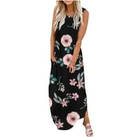 JSEZML Женски разхлабени слънчеви джаси флорални отпечатани дълги рокли без ръкави с разцепване на макси летни плажни рокли с