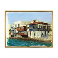 Дизайнарт 'импресия стари къщи на остров Миконос Гърция' морски и крайбрежни рамкирани платно стена арт принт