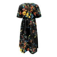 Рокли за жени бохемски среден ръст с късо ръкав кръгло деколте отпечатана ваканция а-линия рокля черно l