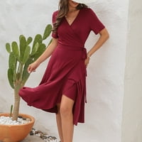 Летни рокли за жени Himiway Fashion's Fashion Casual V-Neck с късо ръкав с висока талия рокля с твърд цвят дълга рокля червена