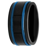 Мъжка неръждаема стомана черно и синьо ИП оребрена Сватбена халка - мъжки пръстен