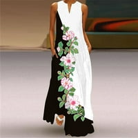 Дамски лято бохо ежедневни флорални печат Sundress Loose Leeveless V-Neck Maxi Flowy рокли Черни 4XL