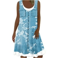 Cotonie Women's Summer Dress Небрежно кръгла шия флора щампа без ръкави фалшиви два слоя сплайсинг плажна рокля