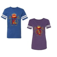 King Queen Gold Crown Unise двойка, съвпадаща тениска в стил памучна фланелка, контрастиращи ивици на ръкави