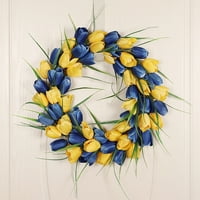 Clearence Украйна Сини и жълти цветя венец за входната врата Пролет лято изкуствени лалета венец хортензия венец за външен прозорец домашна сватба