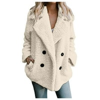 IOPQO Дамски палта есен яке жени зимно палто от руно плюс размер жилетка с двойно гърди с гащеризони с джобове с джобове зимно палто бяло s