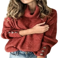 Присъединете се към женски плюс размер плътни цветни копчета прав подгъва с висок ръкав с дълъг ръкав, тънки пуловери