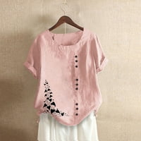 Модни върхове за жени модни жени лято свободен печат кръгла деколте тениска с къс ръкав ежедневни блузи върхове за жени, розово,