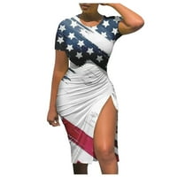 4 юли Bodycon рокли за жени с къс ръкав ремък Ruched Summer Club Party Midi рокля Американски флаг отпечатана рокля за независимост
