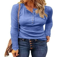 Женски обикновен бутон шия с дълъг ръкав тениска блуза дами ежедневни тънки годни върхове на туника