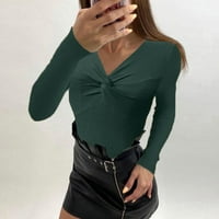 Symoid Women Playaters- Дълго ръкав райета с V-образно деколте ежедневно пуловер плетен есен пуловер дъно риза Зелен XL
