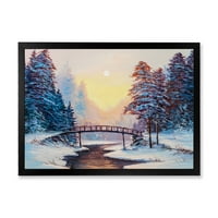 Дизайнарт 'снежно покрит пейзаж и малък мост' традиционна рамка Арт Принт