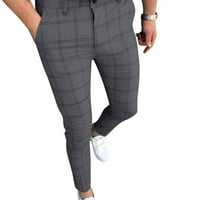 Frehsky Men's Pants Men Slim Fit Plaid Print Zipper Небрежна мода дълги панталони панталони сиви