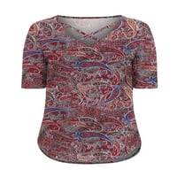 Тениска с тениска с къси ръкави за реджлун флорален щампа тройник булин туника блуза модна ежедневна част пуловер червен xl