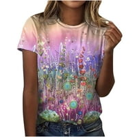 Блузи за жени модни женски небрежни свободни флорални печат екипаж отпечатани тениски с тениски с къси ръкави, големи тениски за жени, лилави, s